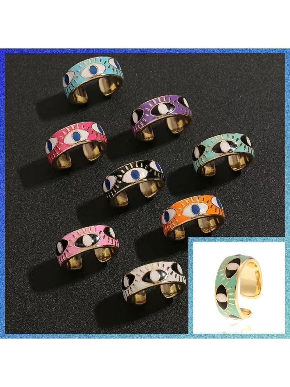 Evil Eye Enamel and Copper Adjustable Ring #1209 TURQ